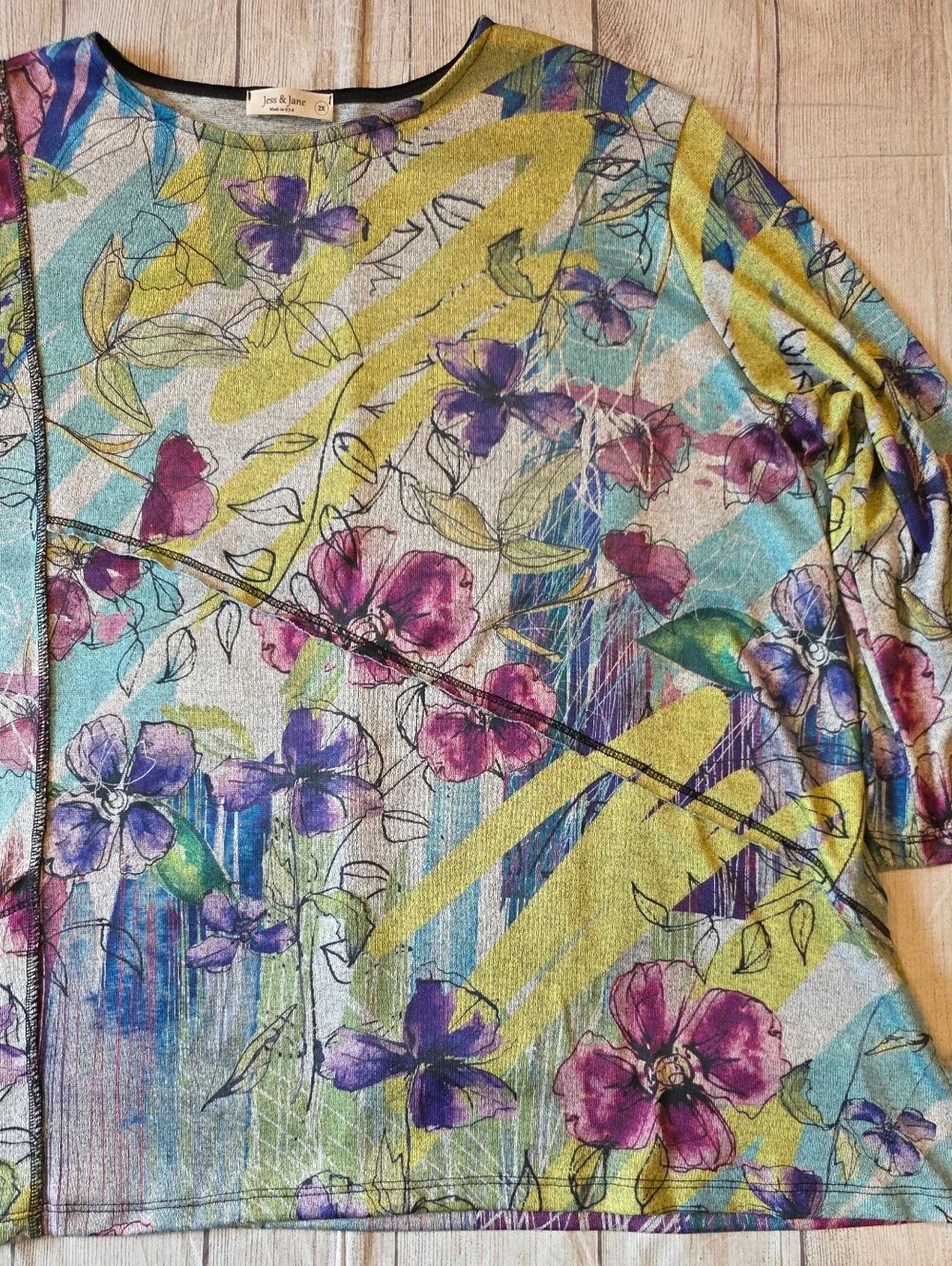 Jess & Jane Size 2X Rebecca 3/4 Sleeve Floral tunic flowy boho pocket Lagenlook